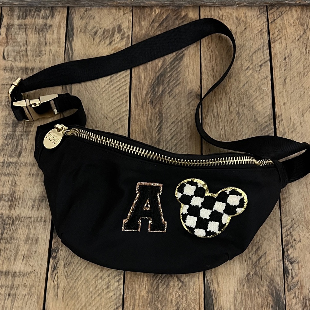 STONEY CLOVER FANNY PACK: Black Belt Bag with Checkered Mickey Patch